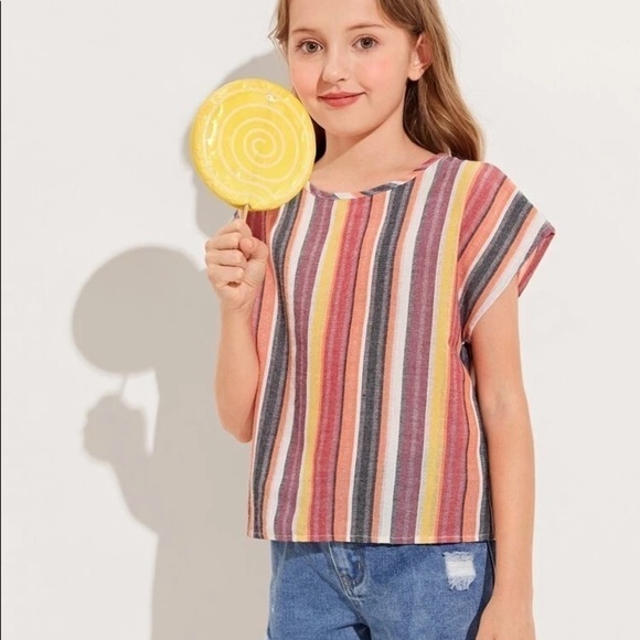 SHEIN Girls  Short Sleeve Striped Earth Colors Top - Picture 1 of 5